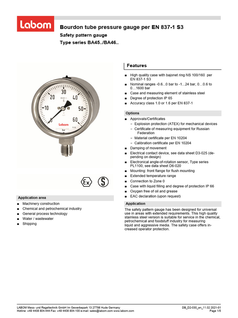 Labom Bourdon Tube Pressure Gauge BA4500BA4600 Datasheet | PDF ...