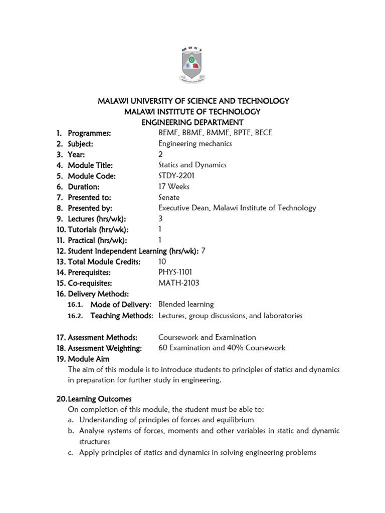 Statics and Dynamics - STDY-2100 Course Outline | PDF | Force | Momentum