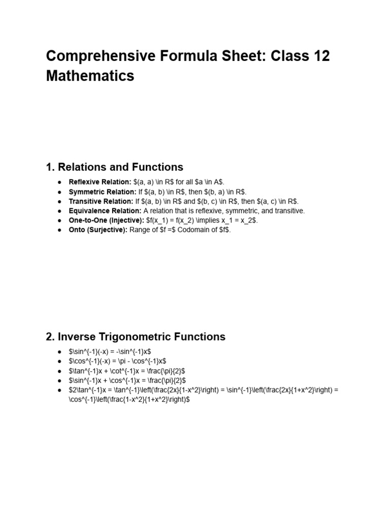 Comprehensive Formula Sheet - Class 12 Mathematics | PDF | Variance ...