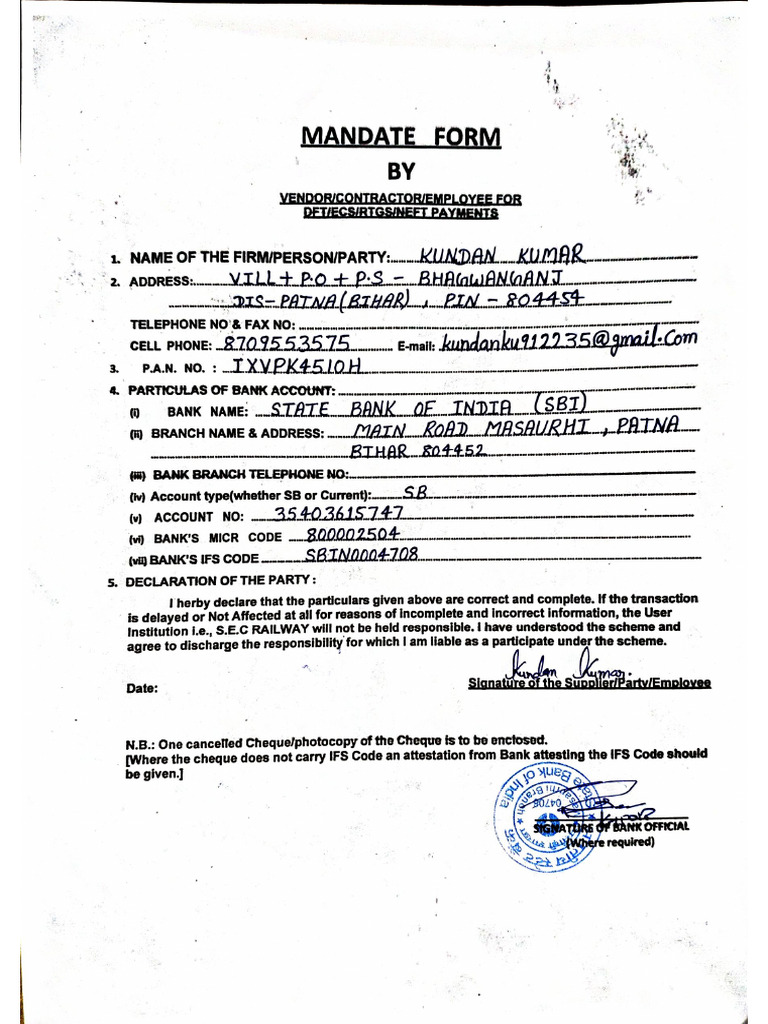 KUNDAN KUMAR(Mandate Form) | PDF