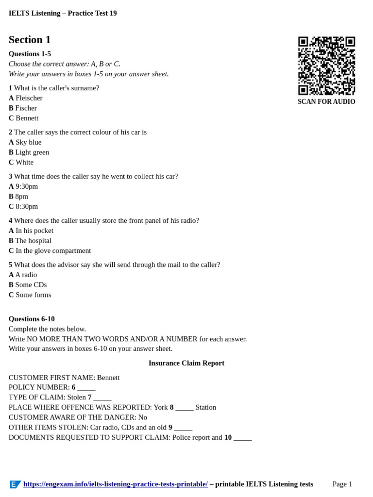 IELTS Listening Practice Test 19 Printable, 2025 Revision | PDF | Tea ...