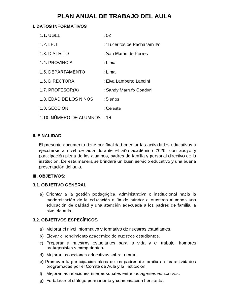 Plan Anual de Trabajo Del Aula | PDF | Salón de clases