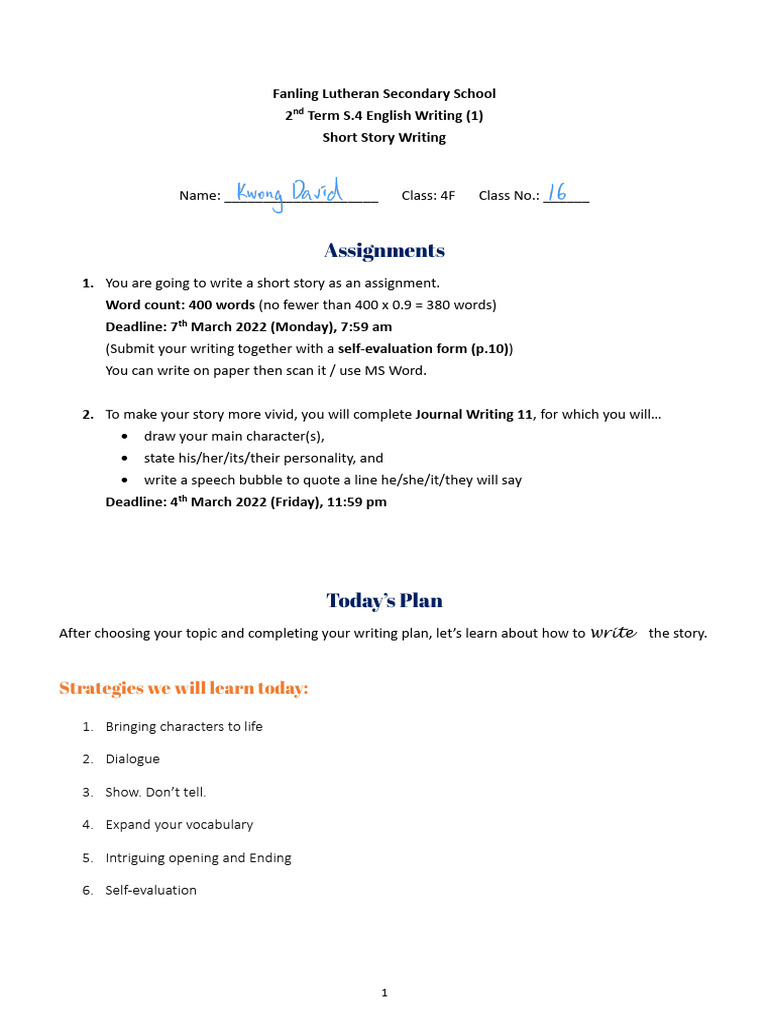 2-3-2022 Short Story Writing Form | PDF | Linguistics | Grammar