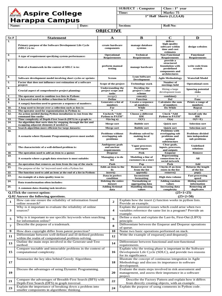 1st Half Computer Short Question Paper (1st Year) | PDF | Software ...