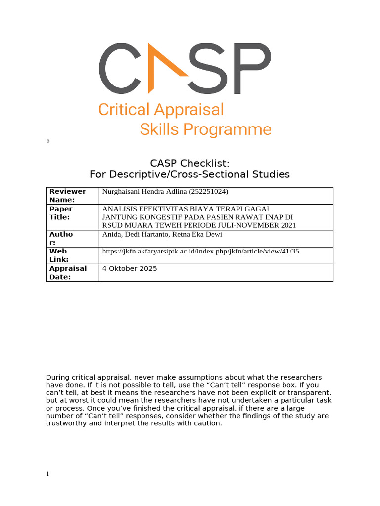 CASP Checklist Cross Sectional Study 2024 | PDF