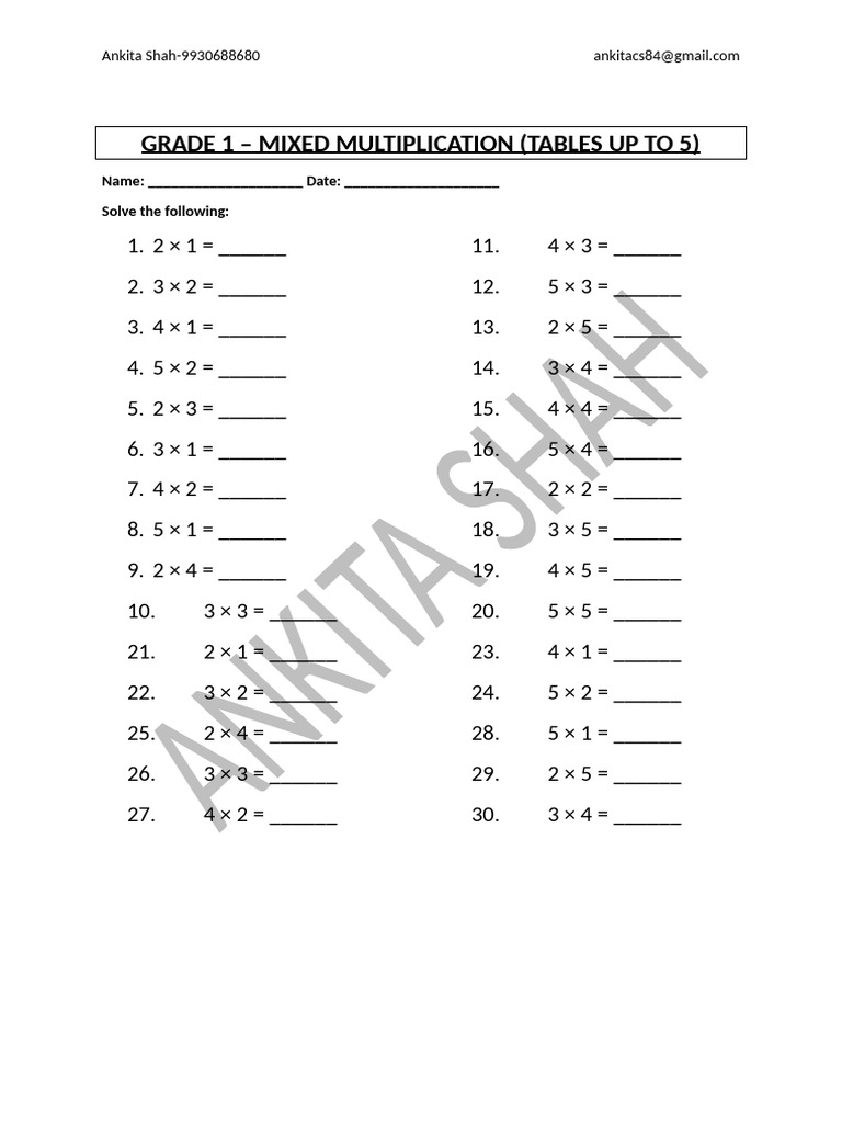 GRADE 1 Multiplication Tables | PDF