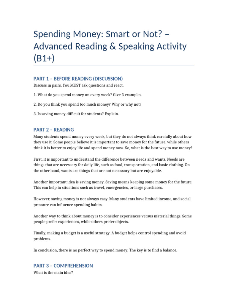 Reading Activity Money Advanced | PDF | Money | Reading Comprehension