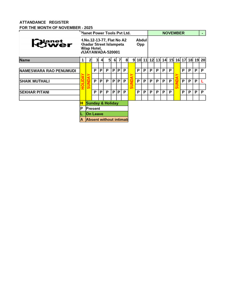 Attendance Rigester Per the Month of November 2025 | PDF
