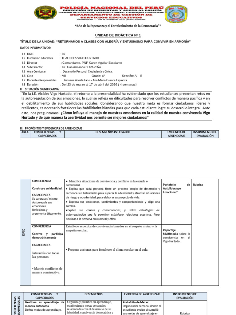 Unidad de Aprendizaje 01-Secundaria 2026 - DPCC 4to | PDF