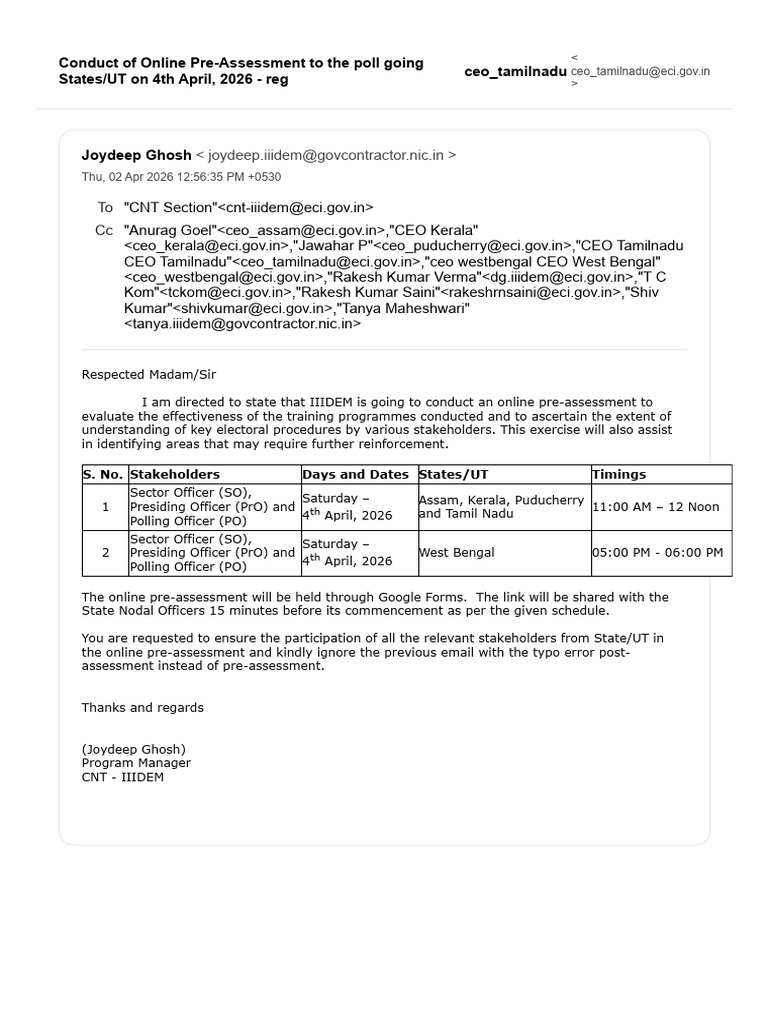 Conduct of Online Pre-Assessment To The Poll Going States - UT On 4th ...