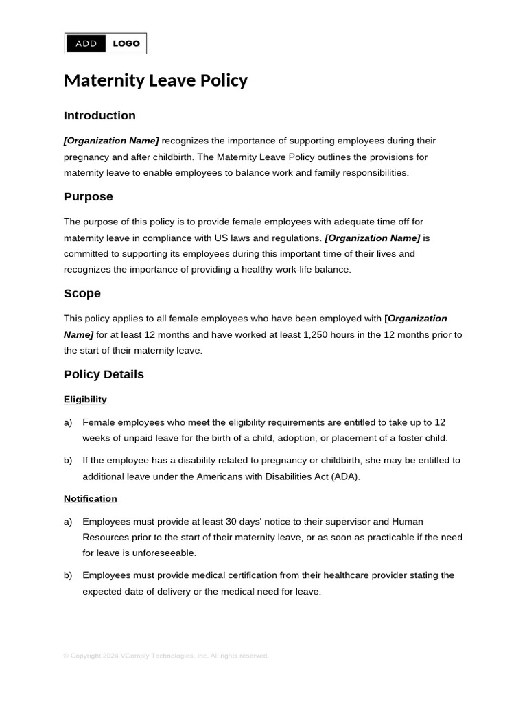 Maternity Leave Policy Template | PDF | Parental Leave | Family And ...