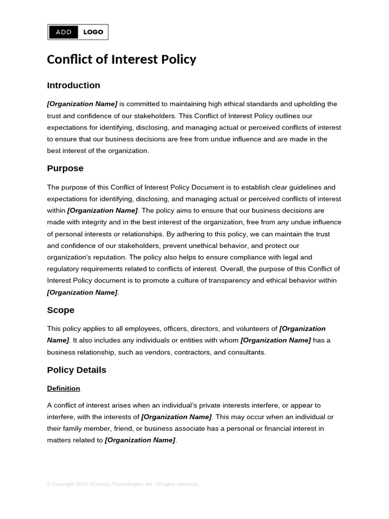 Conflict of Interest Policy Template | PDF | Conflict Of Interest ...