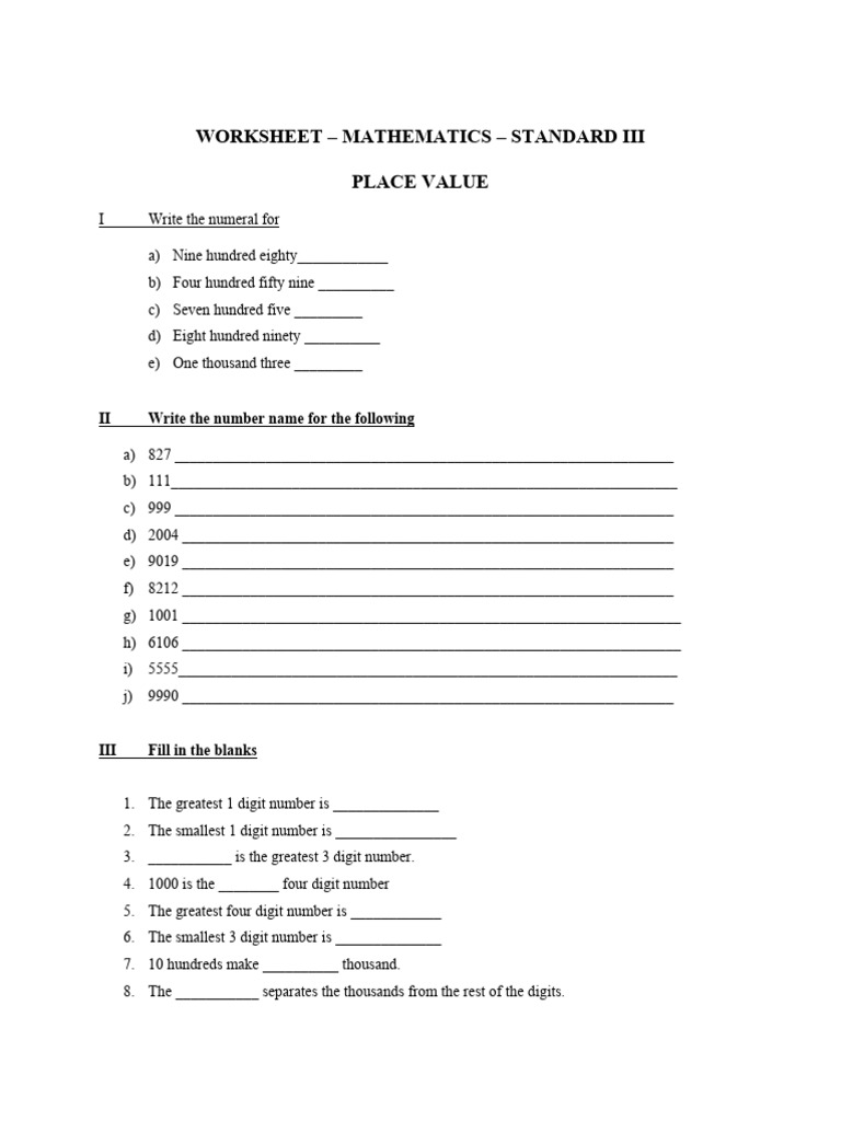 792580162 CBSE Class 3 Mathematics Worksheet 54 Place Value | PDF ...