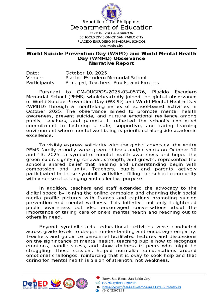 World Suicide Prevention Day (WSPD) | PDF | Mental Health | Learning