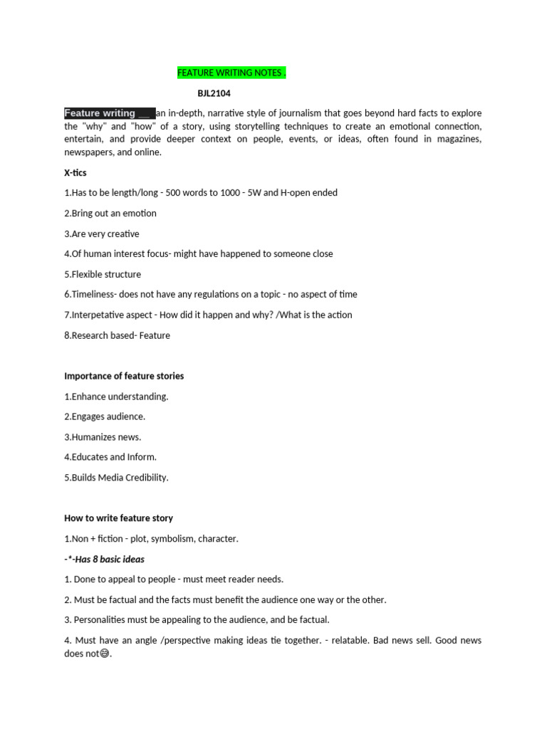 Feature Writing Notes | PDF