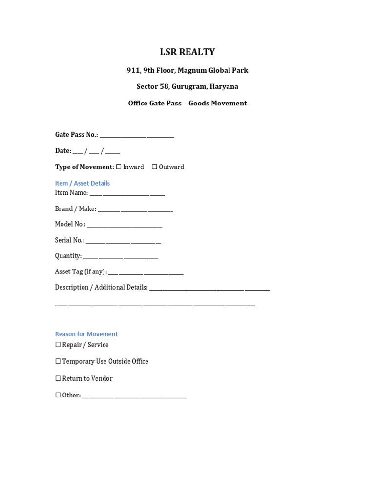 LSR Realty Standard Gate Pass Template | PDF