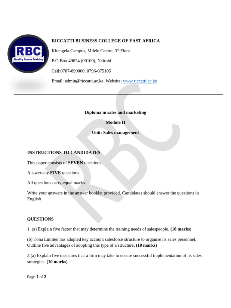 Sales Management Exam (2) | PDF