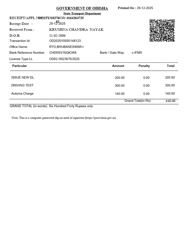 Krushnachandra Nayak DL Receipt | PDF