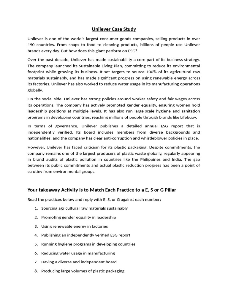Unilever Case Study for Practice | PDF