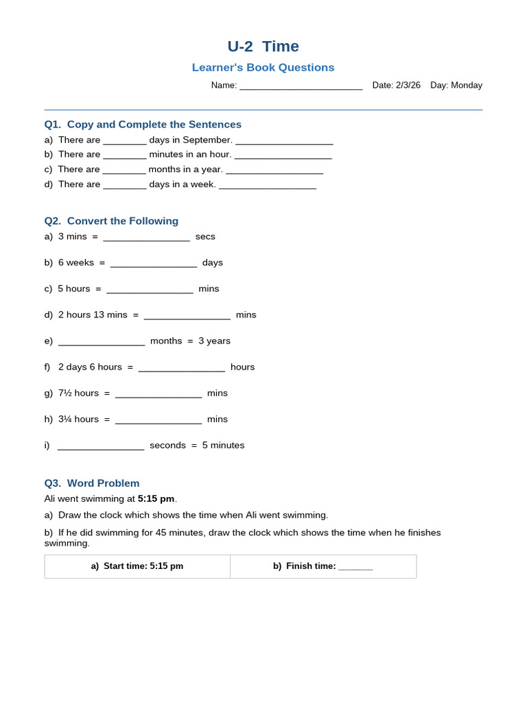 Time Worksheet | PDF
