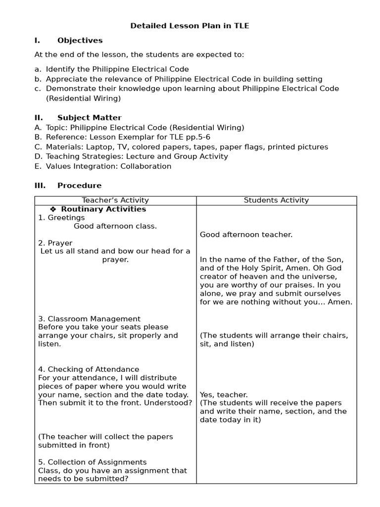 Detailed Lesson Plan in TLE 7 | PDF | Electrician | Fire Safety