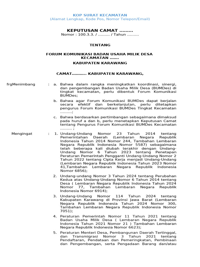Template SK Camat Forum Komunikasi Bumdes | PDF