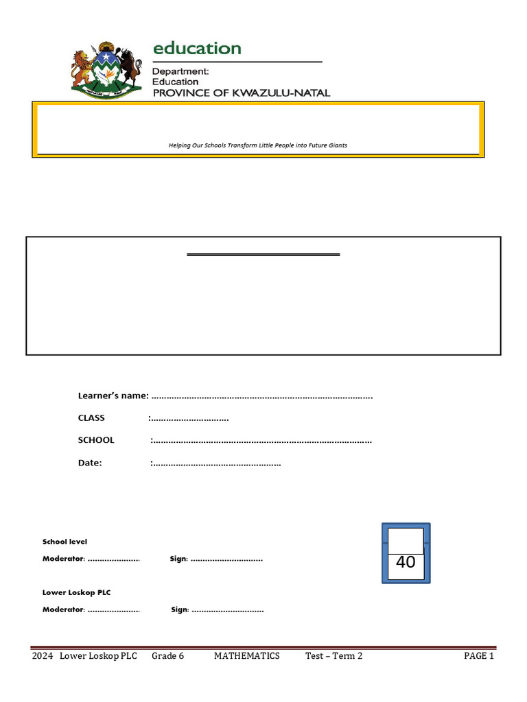 Grade 6 Term 2 Mathematics Test | PDF