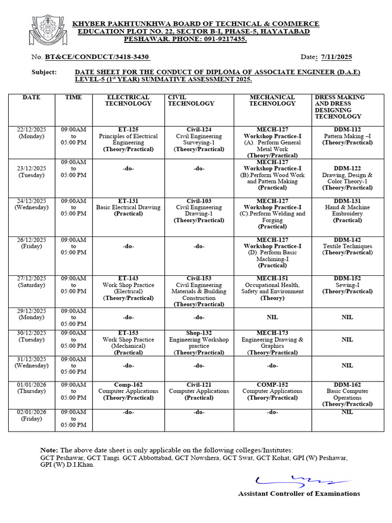 Date Sheet for Dae Level-5 (1st Year) Summative Assessment 2025 | PDF ...