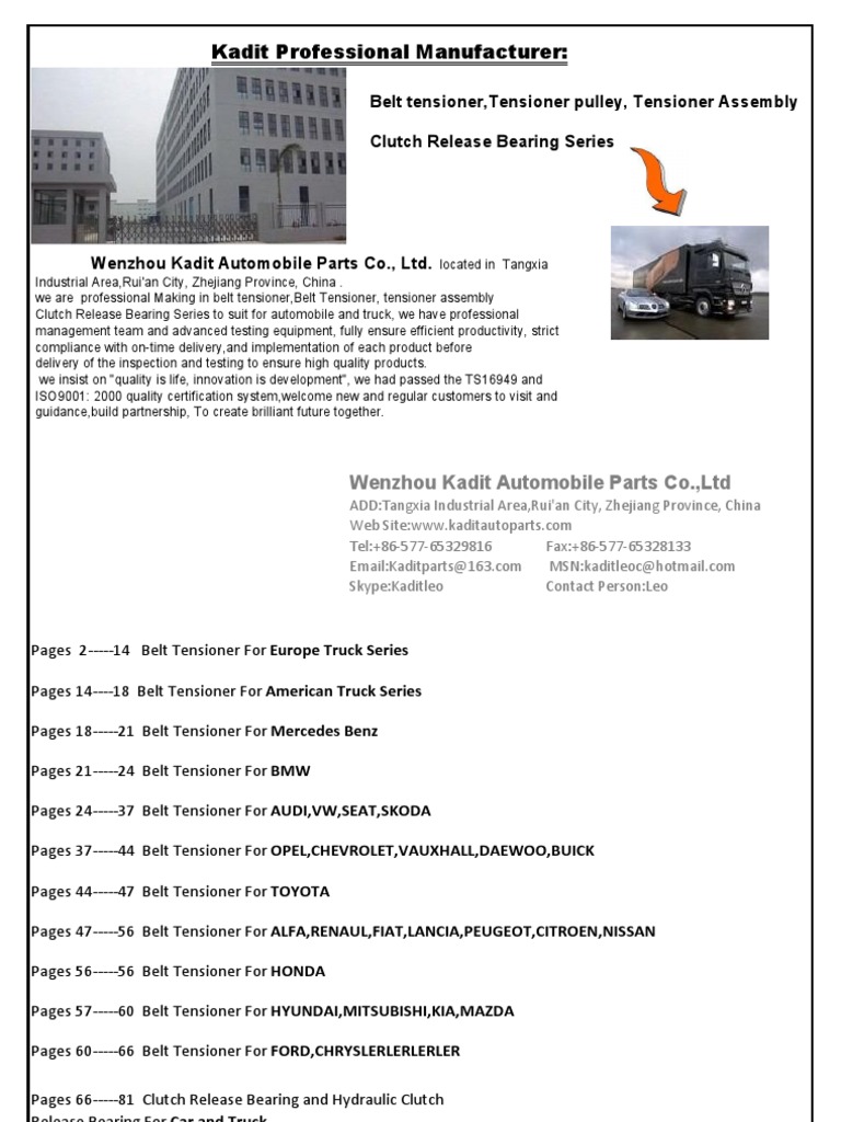 Kadit Catalog of Tensioner, Clutch Release Bearing | PDF