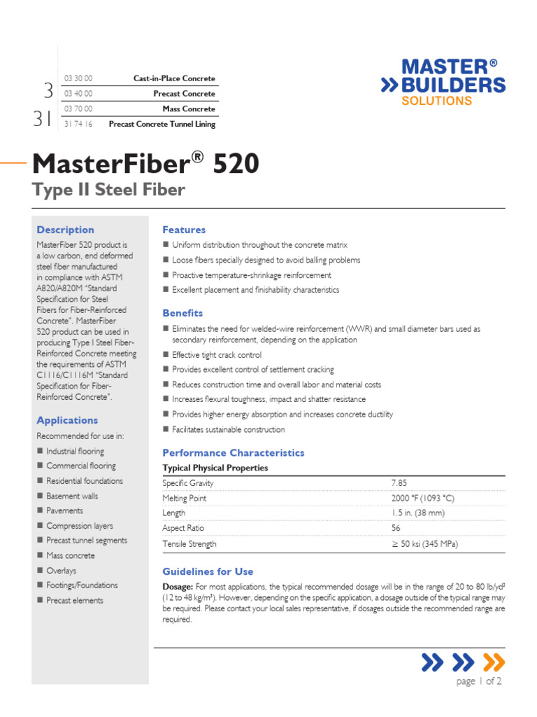 MasterFiber 520 Data Sheet | PDF | Concrete | Reinforced Concrete