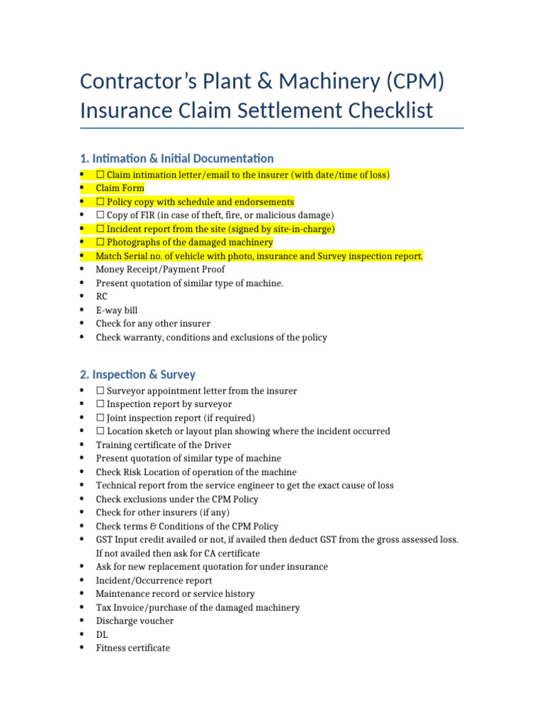 CPM Insurance Claim Checklist | PDF