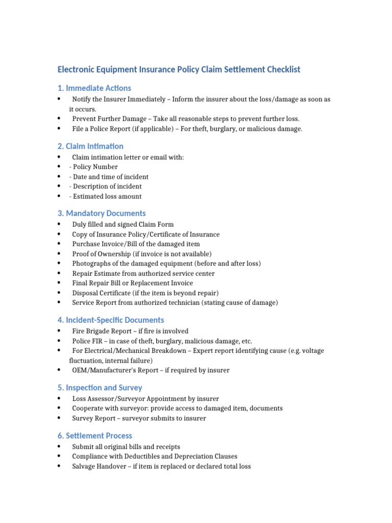 Electronic Equipment Insurance Claim Checklist | PDF