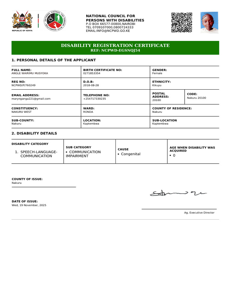 NCPWD EGSNQJ54 Disability Registration Certificate | PDF