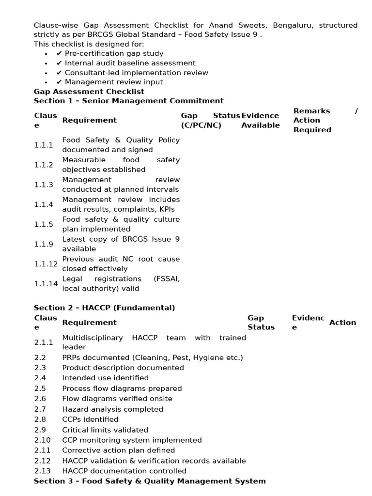 BRCGS - Clausewise Checklist For Food Safety | PDF | Audit | Food Safety