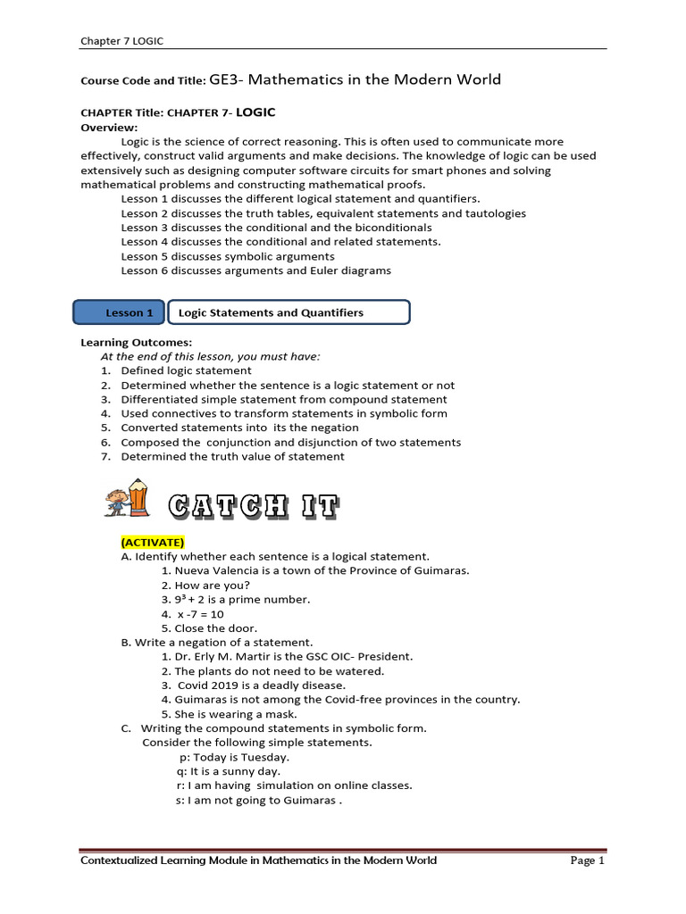 Module 7 MMW Logic | PDF | Proposition | Logic