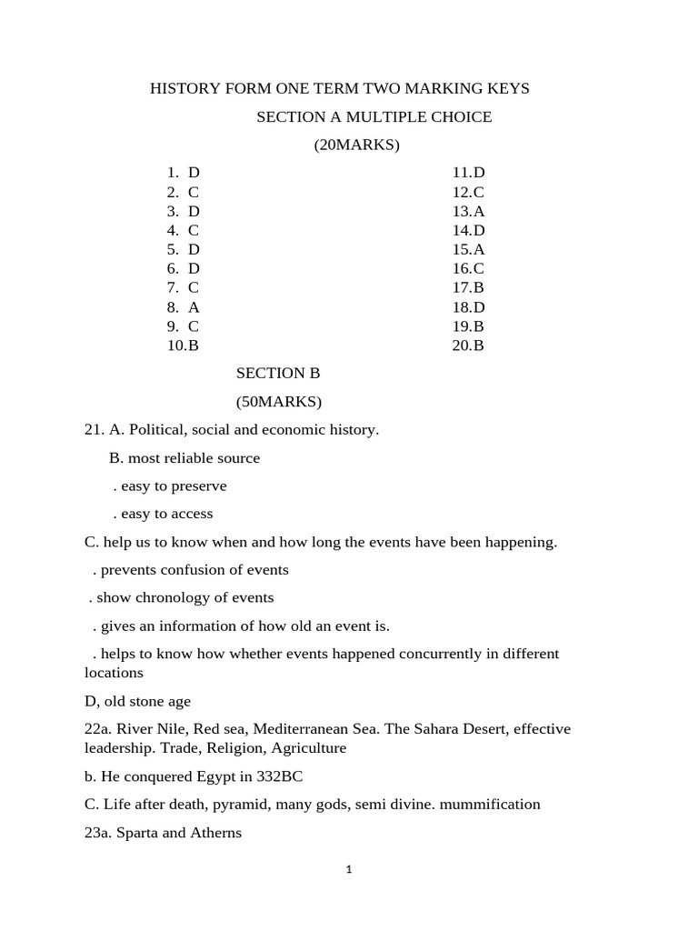 History Form One Term Two Marking Keys | PDF
