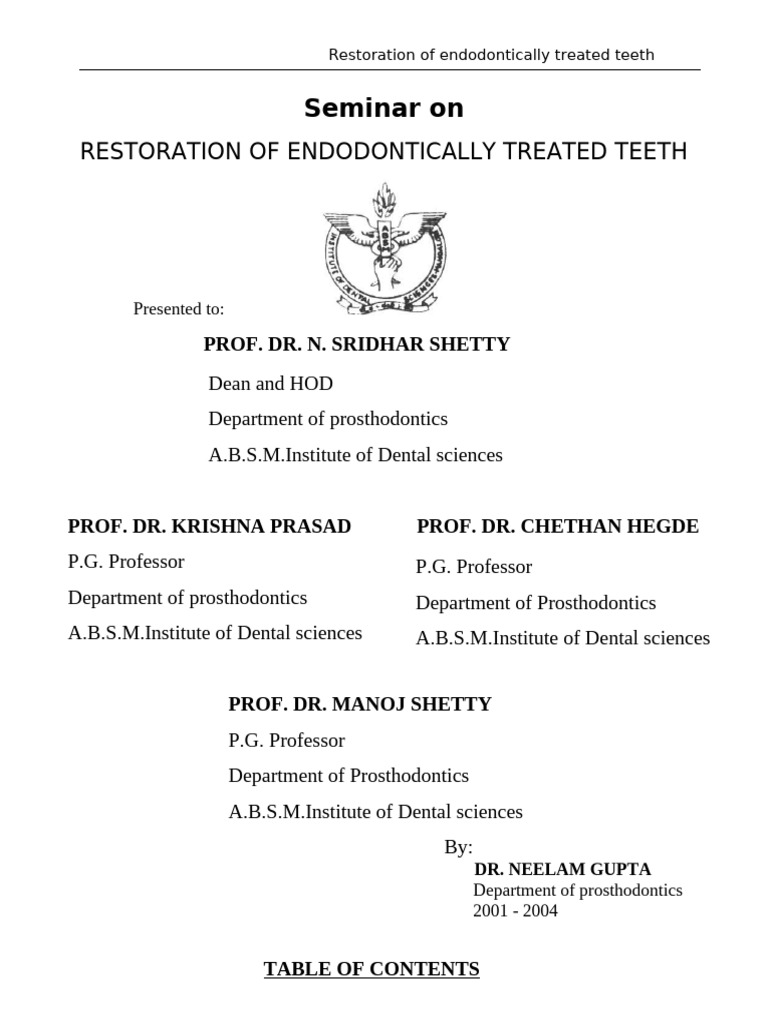Restoration of Endodontically Treated Teeth | PDF | Dental Anatomy ...