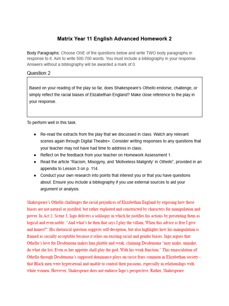 Matrix Education - Year 11 English Advanced - Homework Assessment Task ...