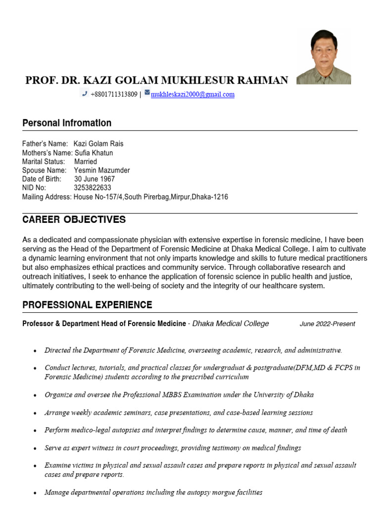 Prof Dr.kazi Golam Mukhelsur Rahman CV | PDF | Forensic Science | Medicine