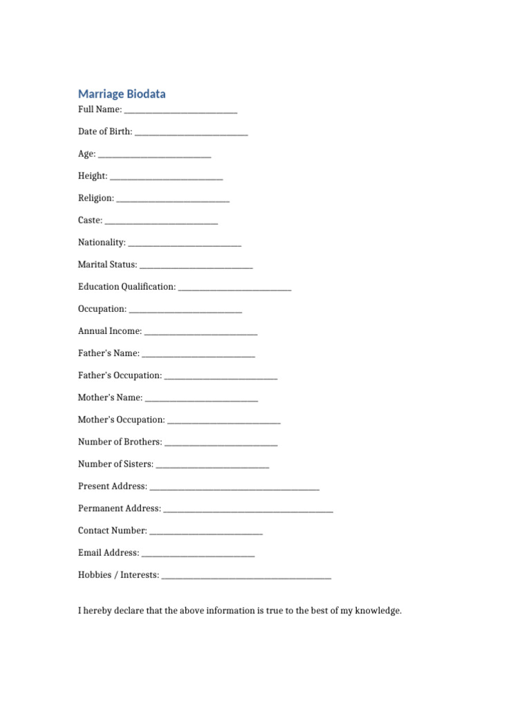 Marriage Biodata Template | PDF