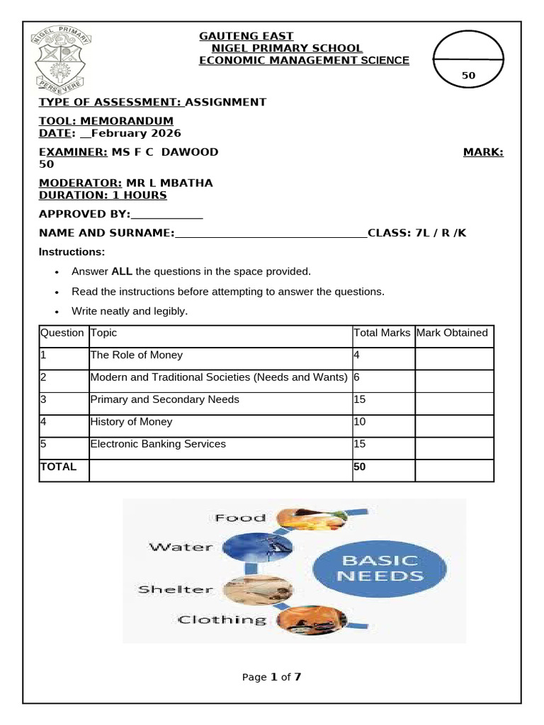 Grade 7 EMS Assignment 2026 T1 | PDF | Banks | Economies