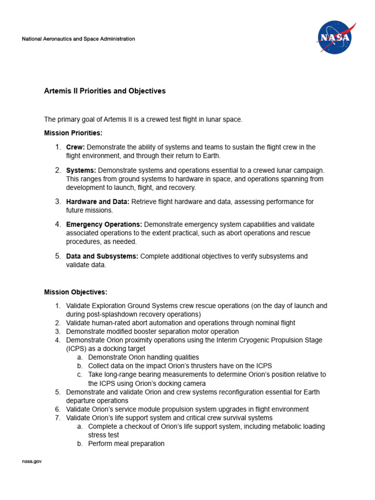 Artemis II Mission Prioirities Objectives | PDF | Orion (Spacecraft ...
