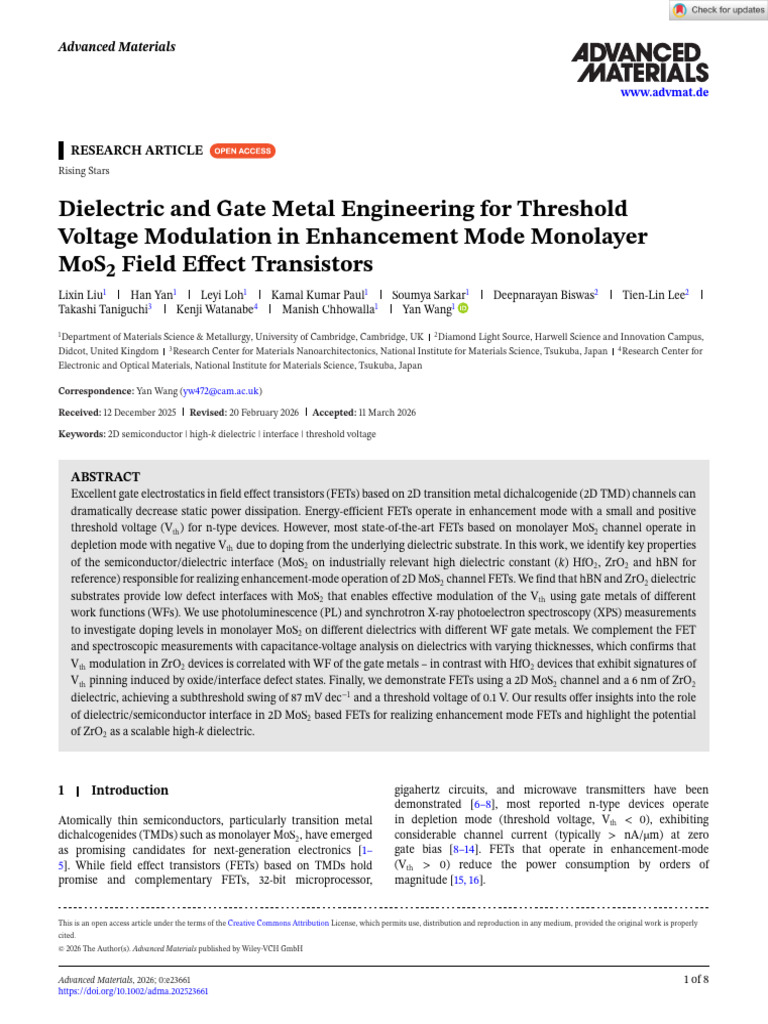 Advanced Materials - 2026 - Liu - Dielectric and Gate Metal Engineering ...