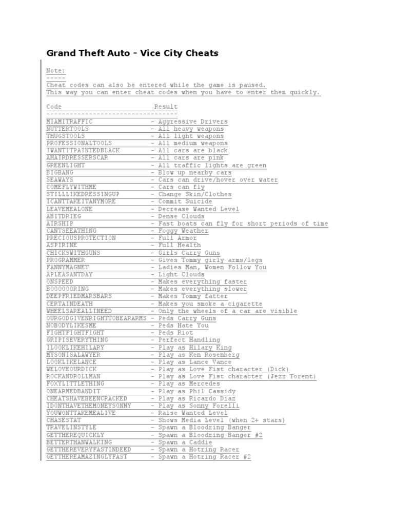 Grand Theft Auto Vice City All Cheat Codes