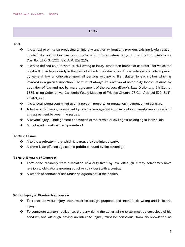 Torts and Damages Notes | PDF | Tort | Legal Liability