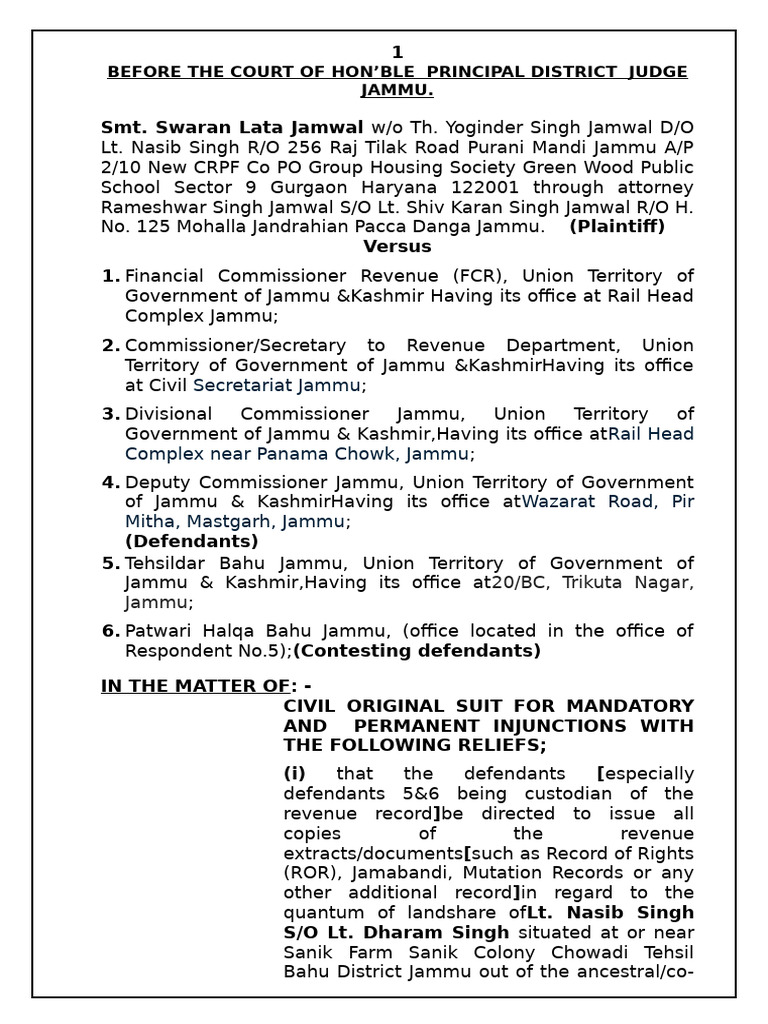 Civil Original Suit for mandatory and permanant injunction SL Jamwal ...