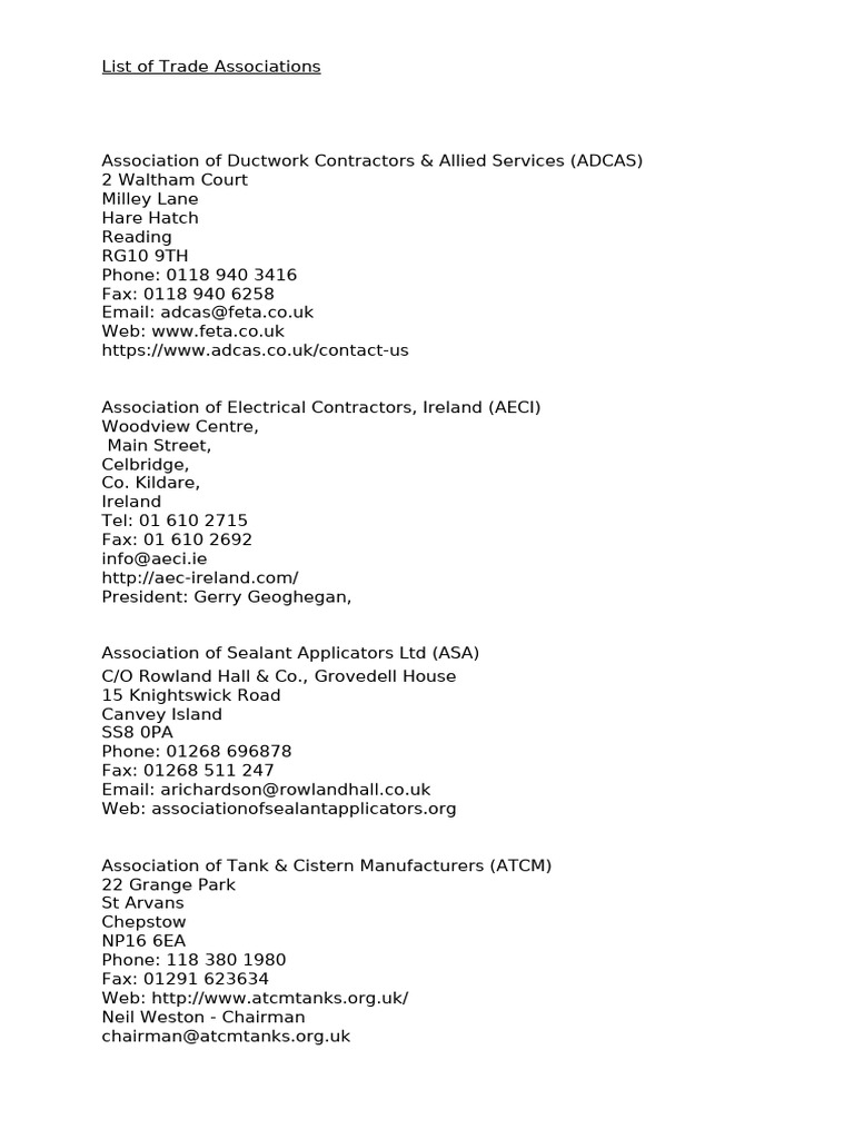 List of Trade Associations | PDF | Building Materials