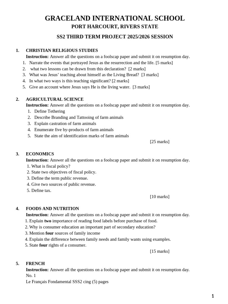 SS 2 Third Term Project 2025-2026 | PDF | Gases | Formula