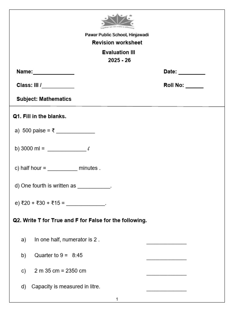 Math 3 Evaluation 3 Revision Paper | PDF | Litre | Quantity