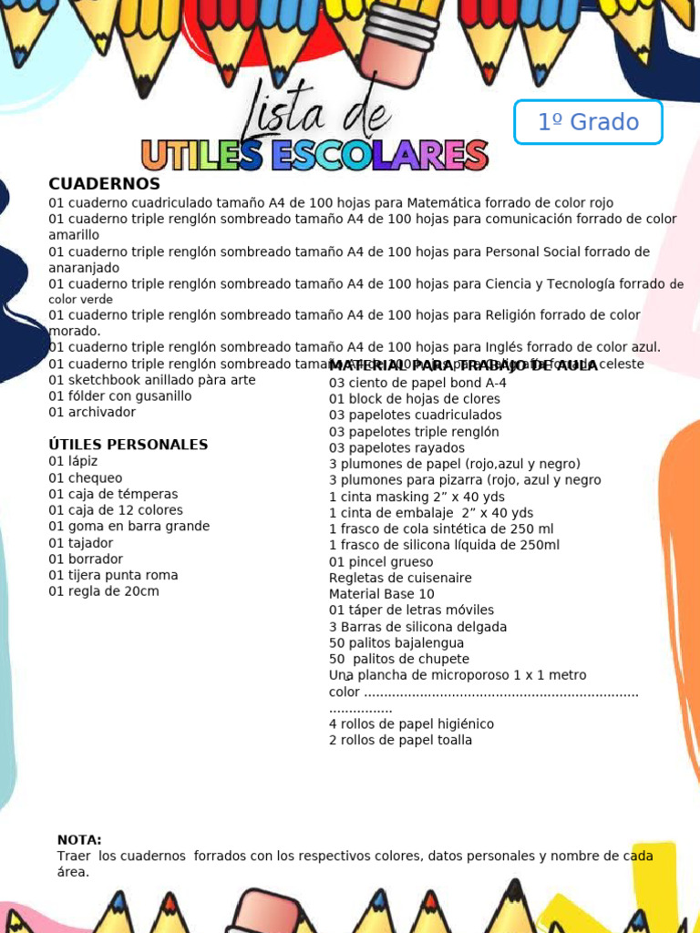 Lista de Útiles Primer Grado | PDF | Cuaderno | Papelería